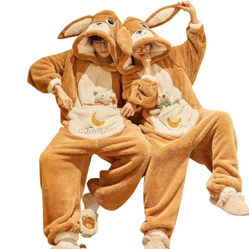 Winter couple pajamas jumpsuits women men coral fleece sleepwear onesie cartoon rabbit Korean warm thicken pyjamas lover pigiama