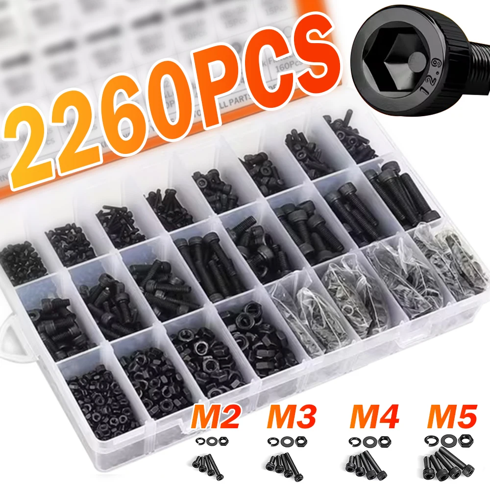 2260-teiliges Innensechskantschrauben-Set M2 M2.5 M3 M4 M5 M6 Schwarz 12.9 Güteklasse Sechskantschrauben Muttern Stahl Flachkopfschrauben Innensechskantbolzen