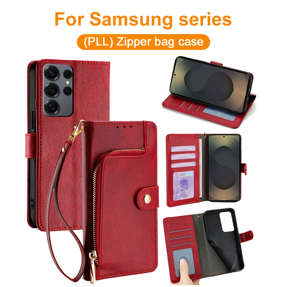 Zipper Wallet PU Leather Phone Case For Samsung Galaxy S26 S25 S24 Ultra Plus FE 5G Multi Card Slots Flip Cover Kickstand Cases