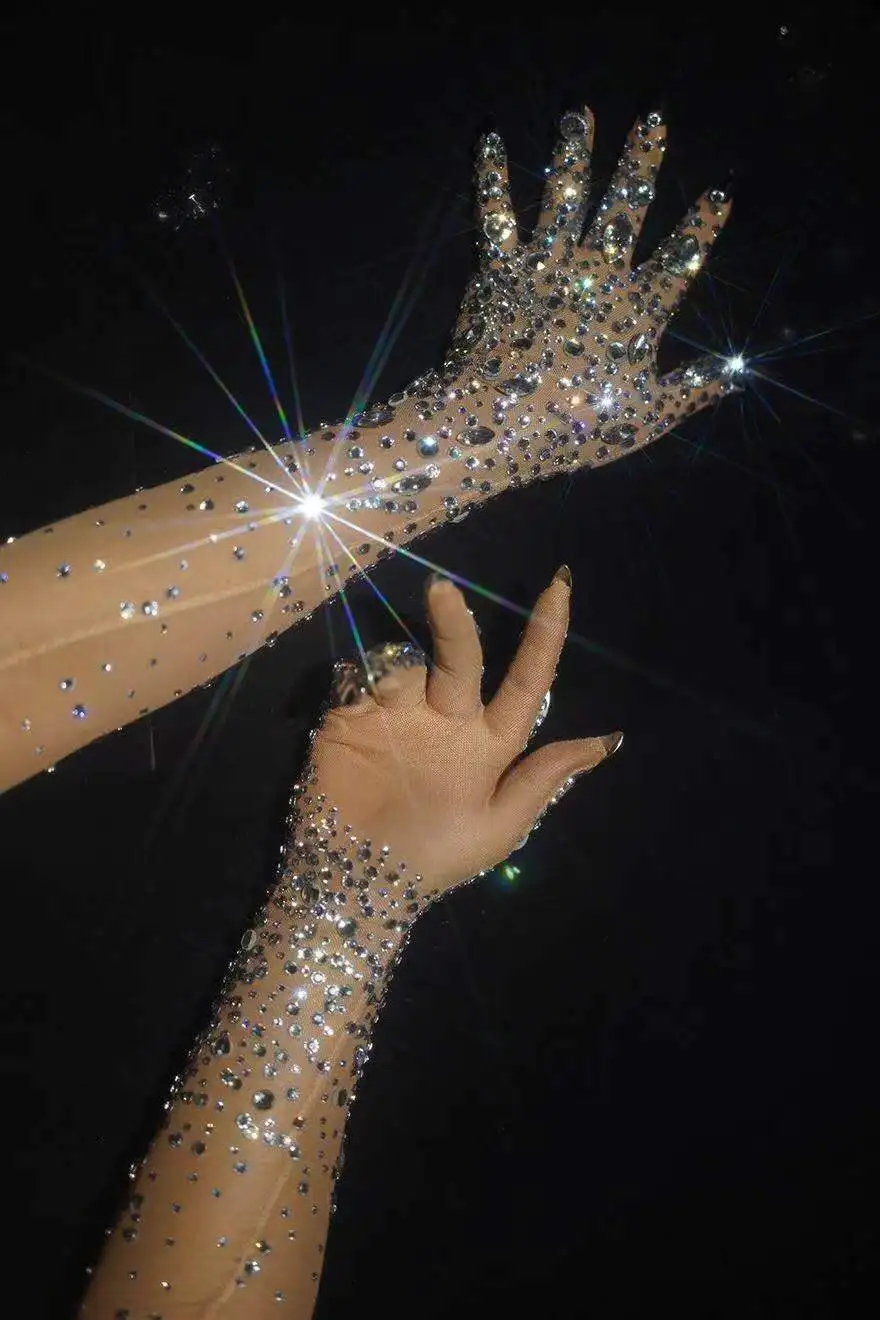 Cristal espumante malha estiramento strass luvas femininas, perspectiva luvas longas, bailarina boate, cantora acessórios de palco