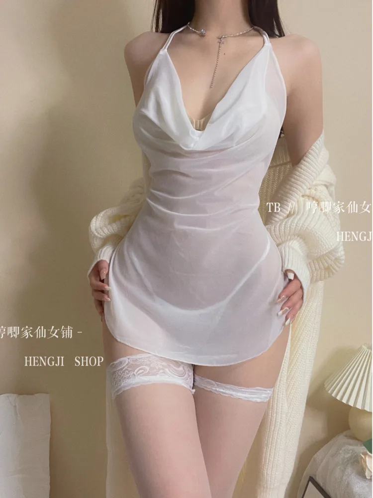 WOMENGAGA Fairy Tops Cosplay Sexy Large Backless Mesh Lace Mini Tank Dress Transparent Halter Neck Girl Hot Sexy Korean VEM2