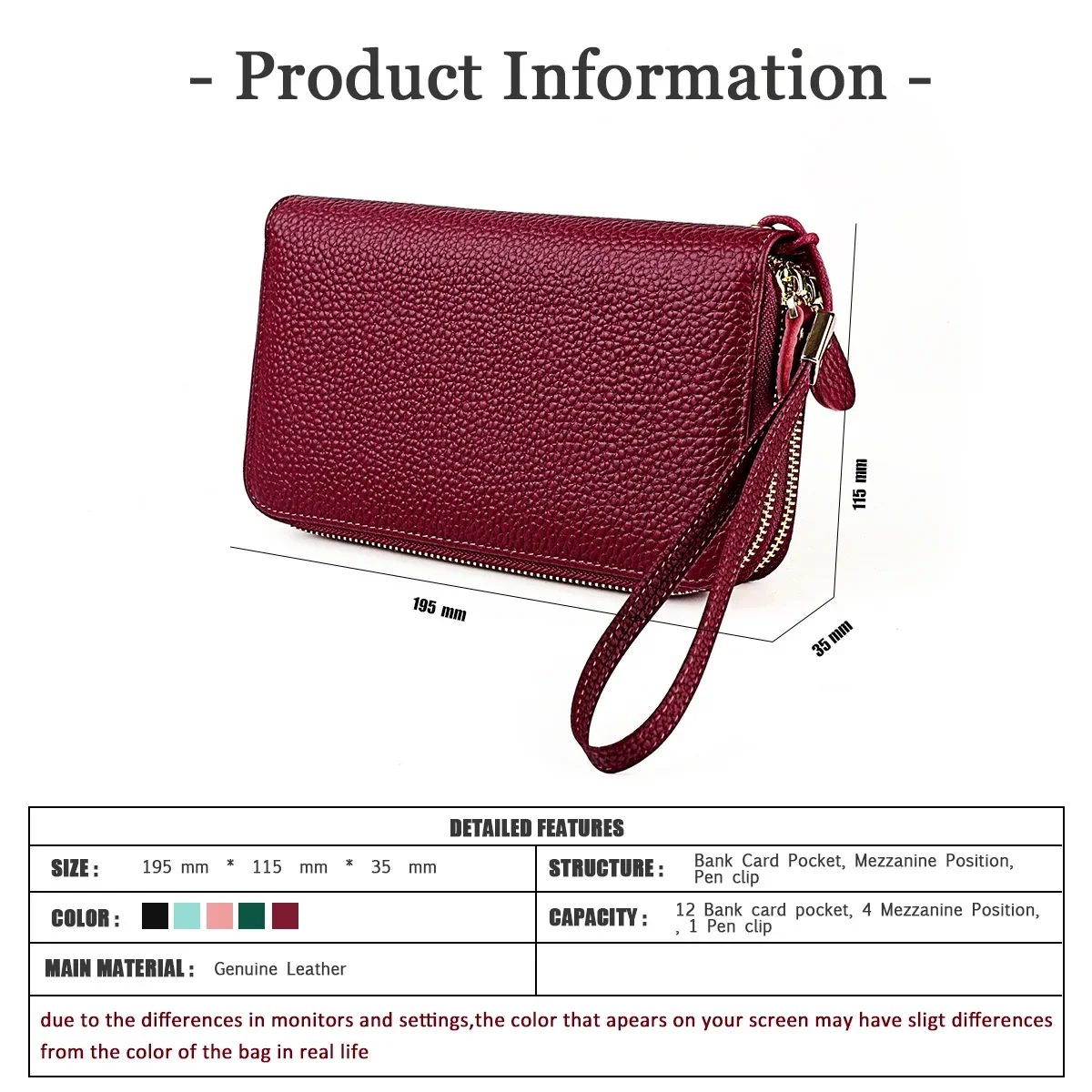 Womens Large Capacity Genuine Leather RFID Blocking Wallets Wristlet Clutch Card Holder Phone Pocket Double Zipper Long Wallet