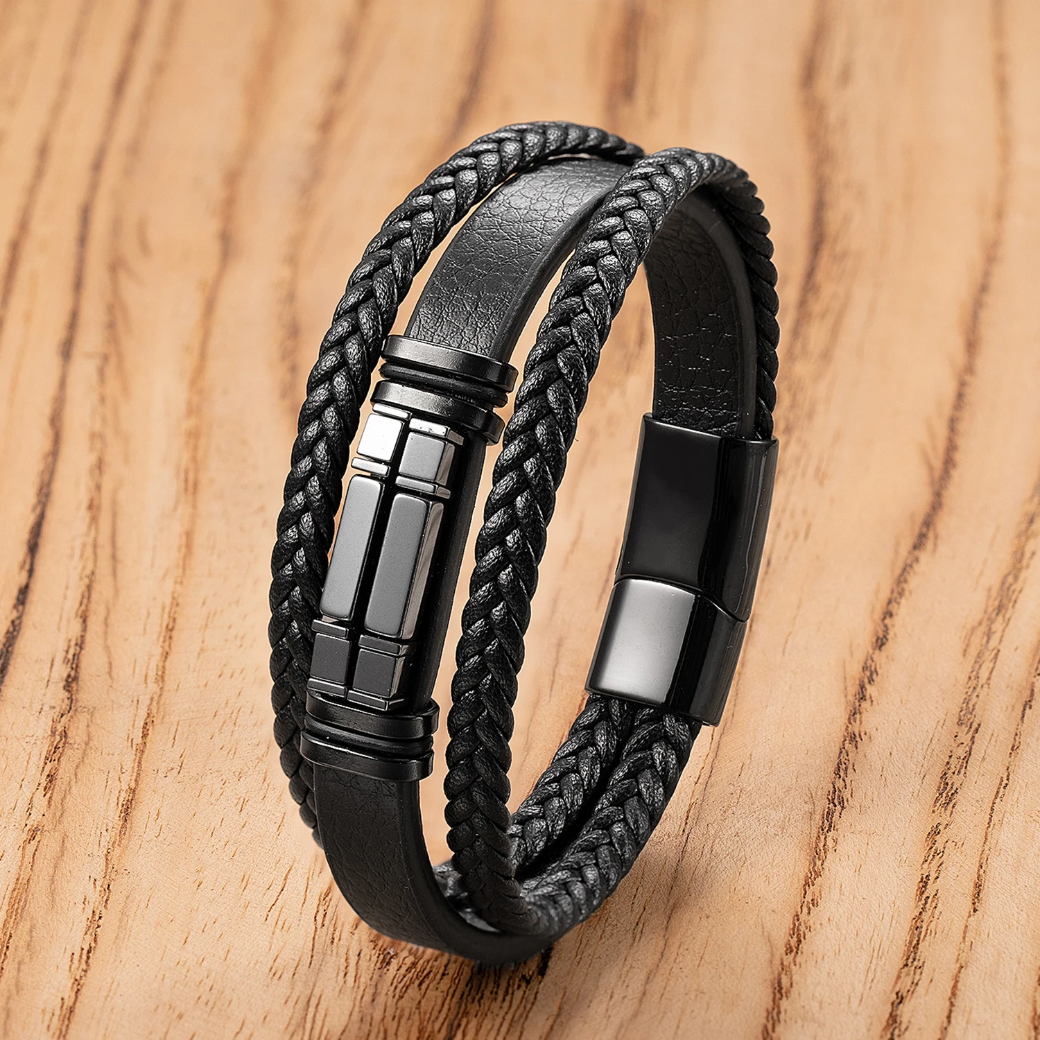 High Quality Accessories Bracelet Men\'s Fashion Gift Black Genuine Leather Bracelets Stone Combination Wild Handsome Gift