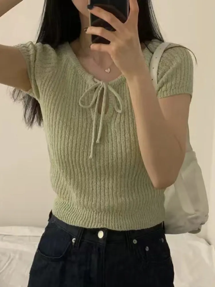 

Chic Summer Sweet round Ne ort Sve Knitted Sweater Overhead Color ort Casual Top Trendy Versatile Commute Sle