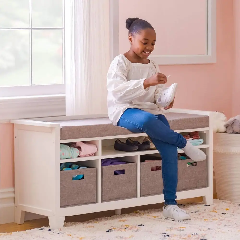 

Linen White Storage Bench: Wooden Toy & Book Organizer with Cushion and Fabric Bins for Playrooms & Bedrooms