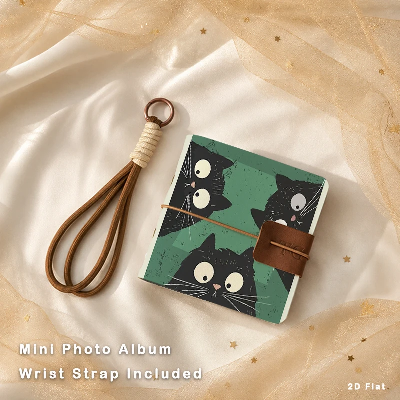 Cartoon Wide-Eyed Black Cats Green Background Mini Photo Album With Wrist Strap Pocket Photo Book Storage Cat Lover Souvenir Gif