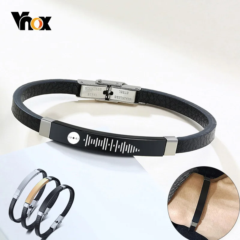 Vnox Customize Engrave Men's Slim Bracelet Black Leather Bangle Personalized Audio Code Name Casual Male Jewelry Gift