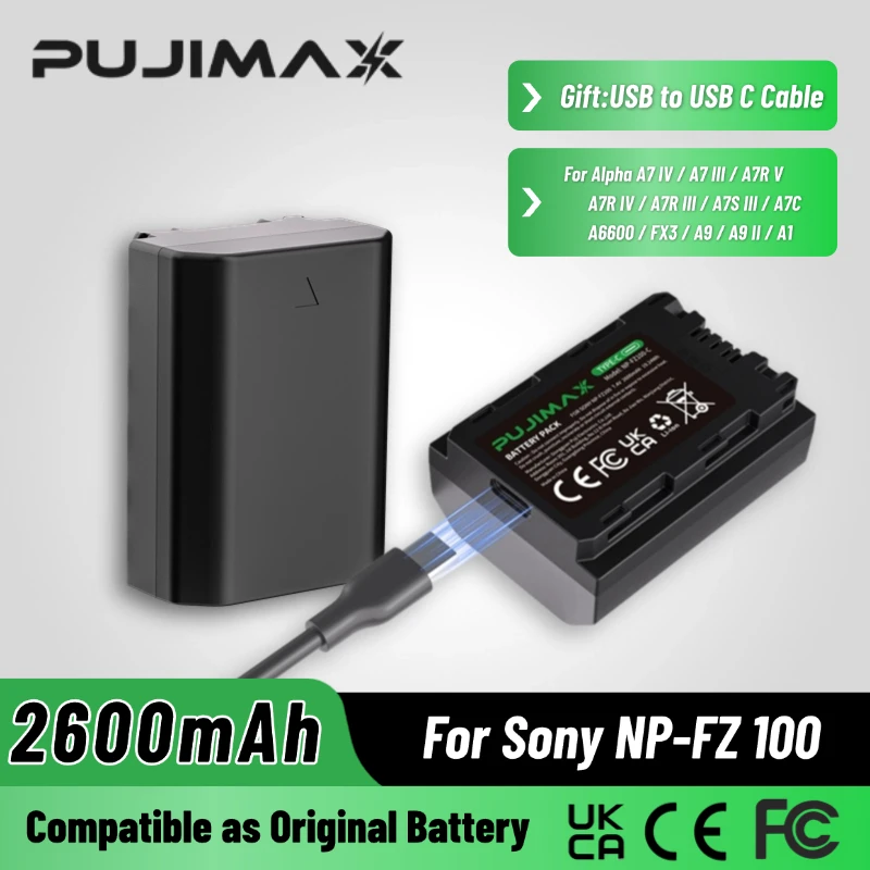 PUJIMAX NP-FZ100 Replacement Battery with Type C Fast Charging for Sony Alpha 7R Mark III A7III A7SIII A7R III  A9 A6600 Camera