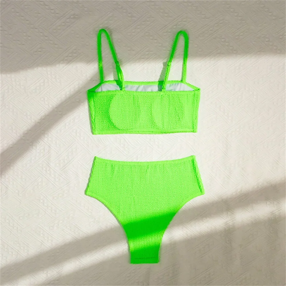 Costume da bagno bikini verde neon a vita alta con pieghe push up Sling Tankini Costumi da bagno per le vacanze Costume da bagno da donna Set da spiaggia Abiti estivi