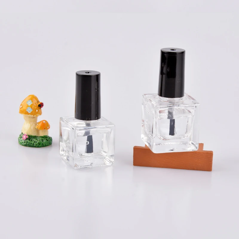 8ML/10ML Empty Cube Clear Glass Bottle Nail Gel Matt/Mirror Black Cap w/Brush Filling Polish/Glue/Sealing/Basic Oils Packing