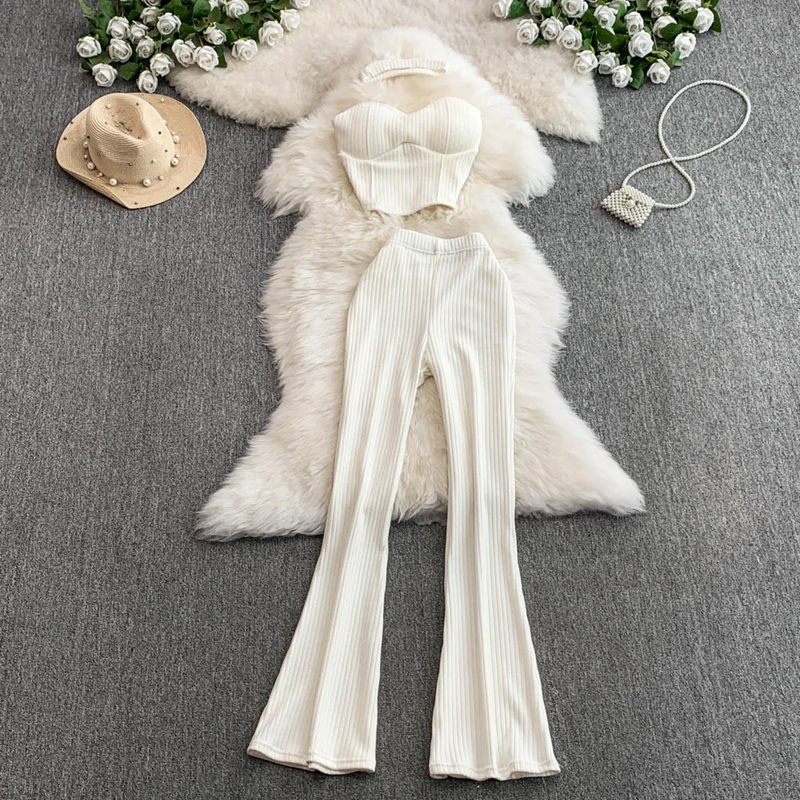 

Fashion Suit Women's Vest Sleeveless Hanging Neck Short Exposed Crop Top and High Waisted Flared Pants Two-Piece Set