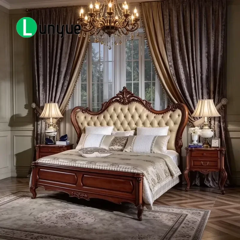 King Size European Solid Wood Bed with Champagne Button Tufted Leather High Headboard Luxury Bedroom Furniture Set for Hotels
