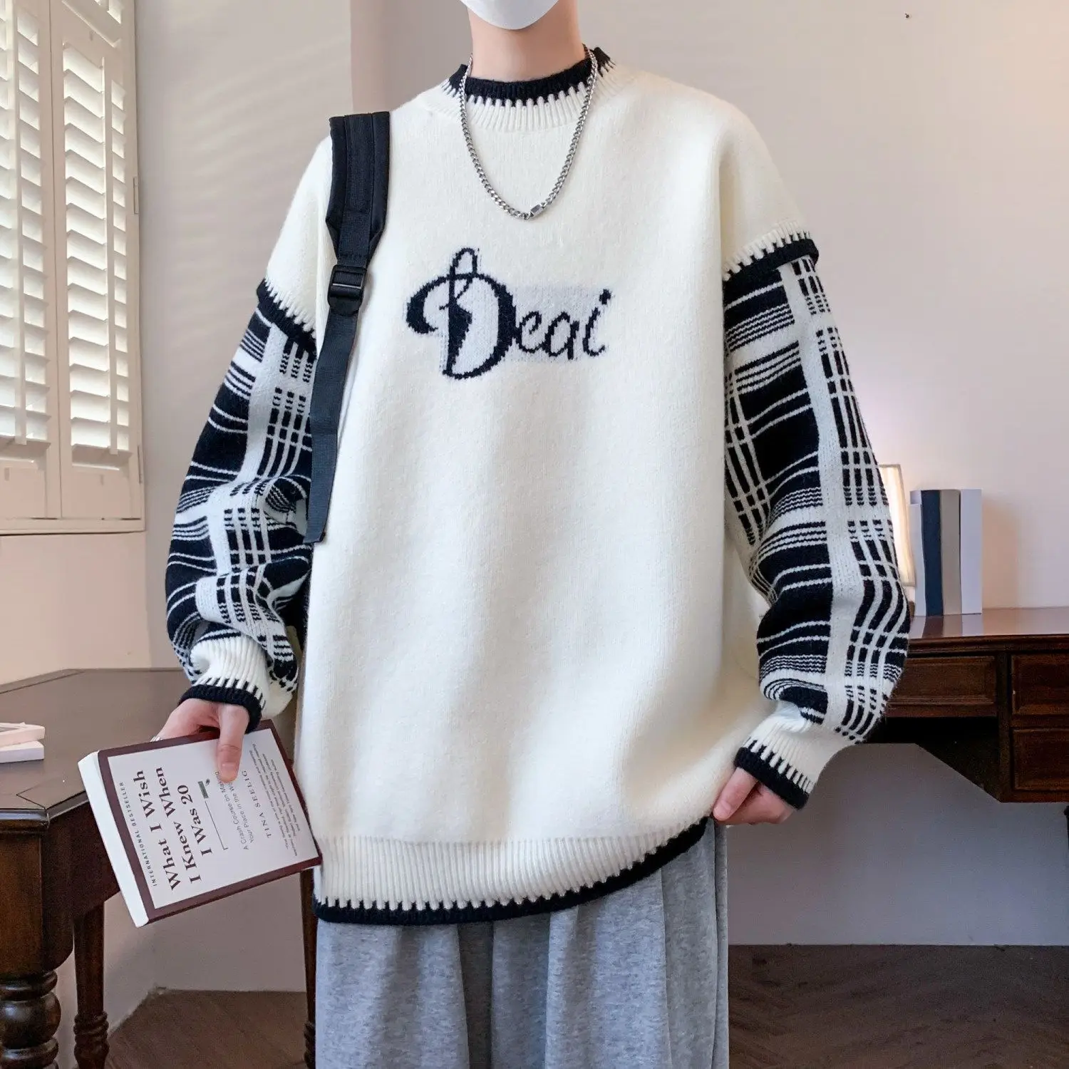 Color blocking sweater for men and women autumn and winter 2024 letter knit sweater for couples loose casual American round neck