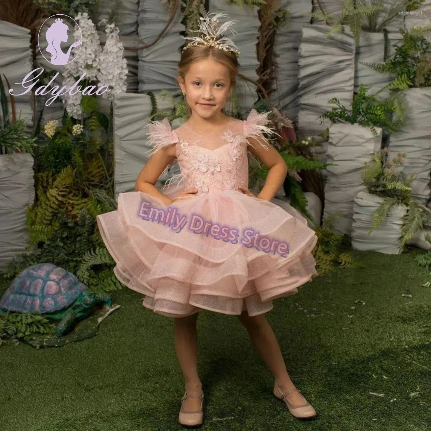 Bonito rosa flor menina vestido para casamento 3d applique renda inchado na altura do joelho crianças aniversário natal primeira comunhão vestidos de festa