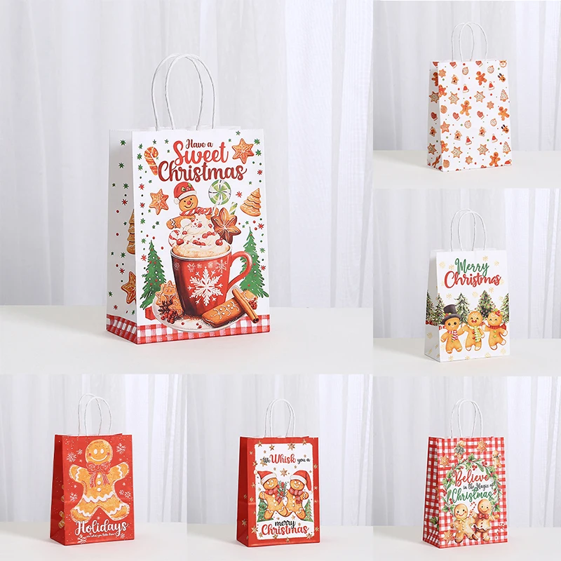Christmas Paper Gift Bag Cartoon Pattern Gingerbread Man Reusable Storage Bag Grocery Shopping Holiday Party Favor Bag