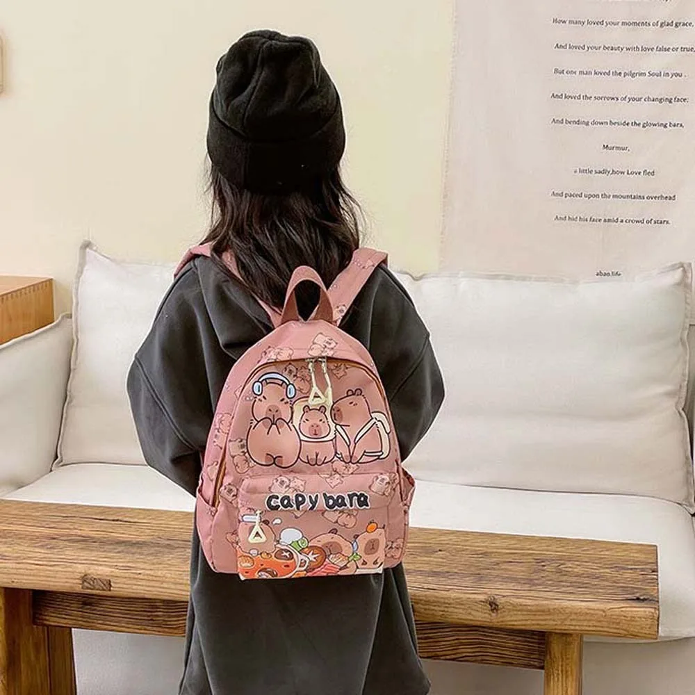 Mochila de capibara gruesa con correas anchas, mochila de nailon con dibujos de animales, mochila escolar plegable multifuncional de gran capacidad para niños