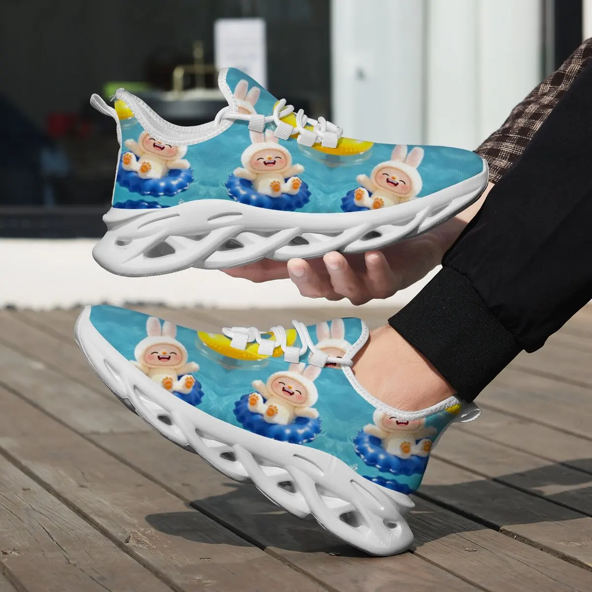 

New Two-tone Casual Sports Shoe with Flat and Low-top Design Featuring Two-tone Cartoon Rabbit Pattern and Lace-up Soft Sole
