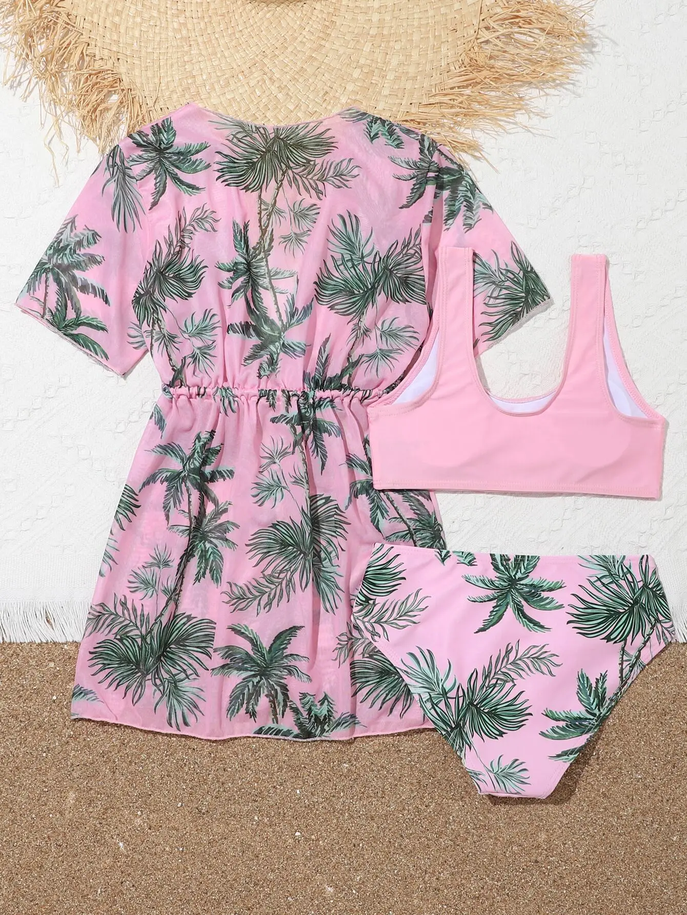 Bikini rosa con estampado de palmeras para niñas, traje de baño y Kimono para niños de 7 a 12 años, 3 piezas