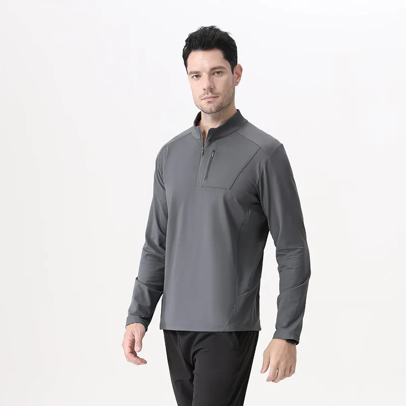 Camiseta Deportiva de Manga Larga con Media Cremallera para Hombre, Color Verde Claro, Transpirable, Elástica, Absorbente de Humedad, Ropa Técnica para Gimnasio y Fitness