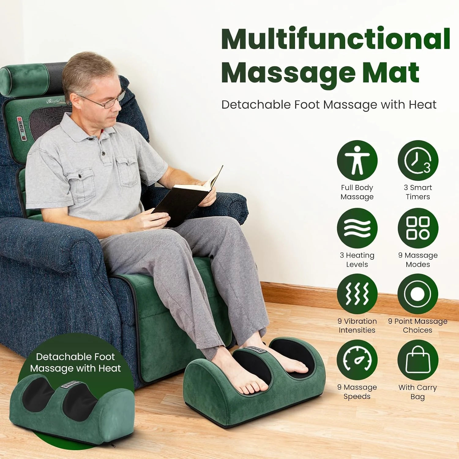 Multifunctional Full Body Massage Mat 10 Node Heated Chair Pad with Head & Foot Massager for Bed Sofa Desk Comfort Muscle Relaxation for Home Office Daily Use