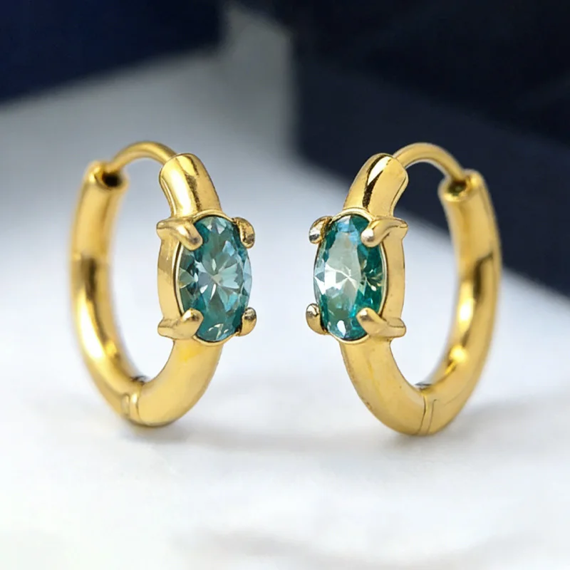

1 Pair 0.5Carat Stylish and Sparkling Oval Turquoise Synthetic Moissanite Golden Circular Ear Stud Earrings.