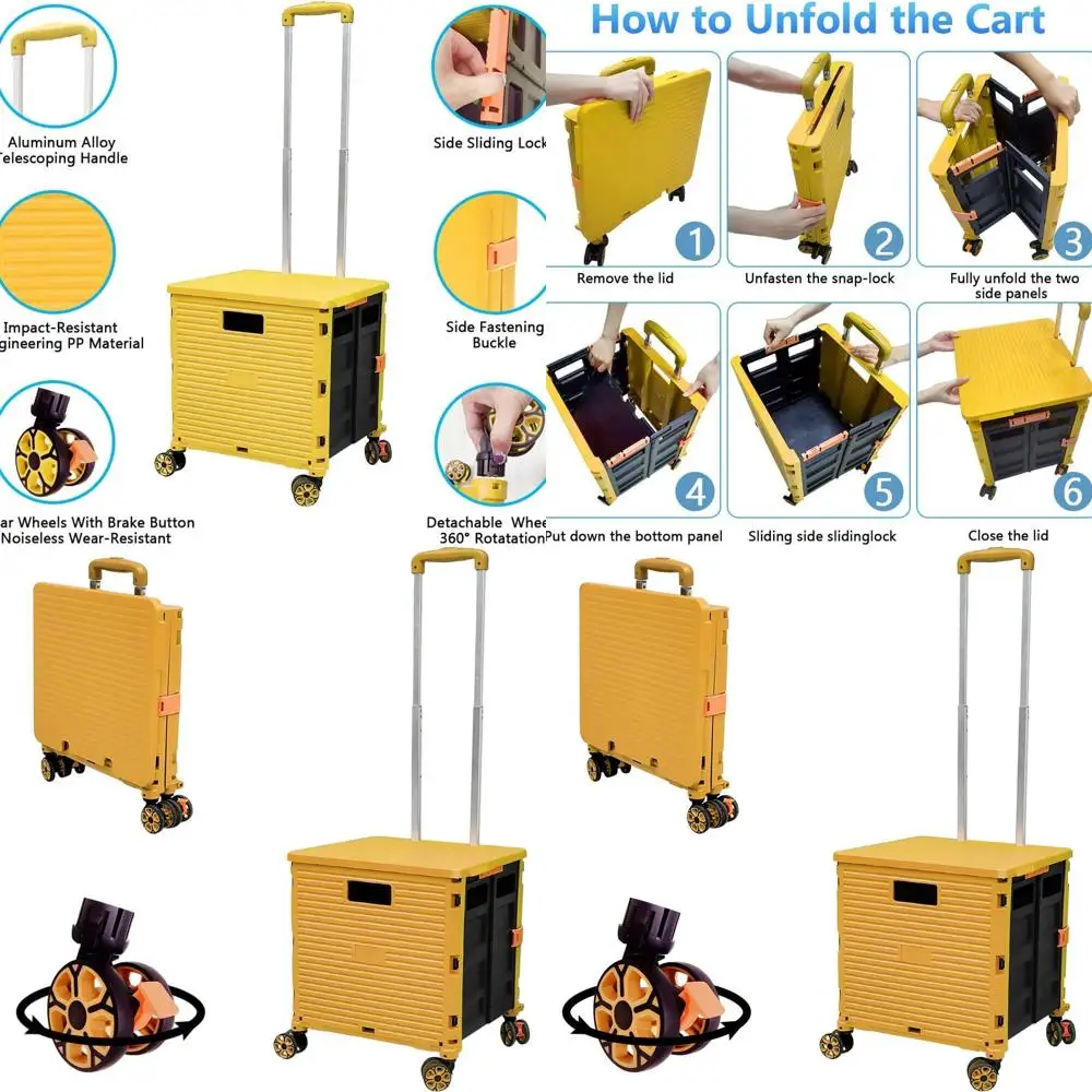 

Portable Folding Utility Cart with Heavy-Duty Plastic, Telescoping Handle, and 4 Swivel Wheels for Various Uses (Yellow)