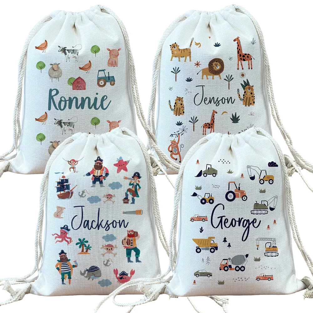 Mochila con cordón personalizada con diseño de pirata, oveja, león, vehículo de construcción, regalo de cumpleaños para niños, accesorios para fiestas, bolsa deportiva