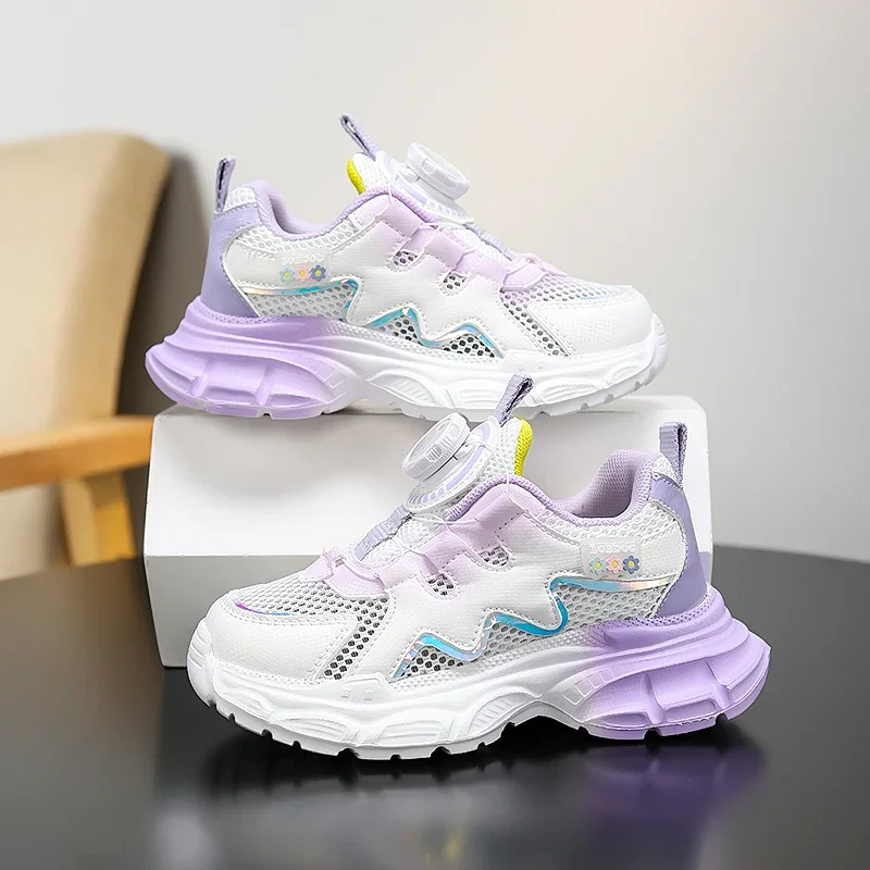 2026 Summer New Arrival Girls Sneakers Breathable Mesh Hollow Design Rotary Buckle Comfort Kids Running Shoes
