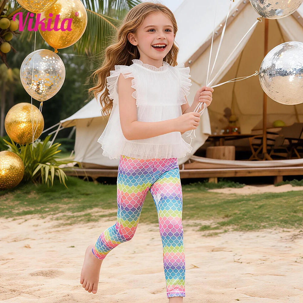 VIKITA Girls Mermaid Scale Print Colorful Rainbow Polyester Leggings Kids Casual Skinny Vacation Travel Beach Trousers Pants