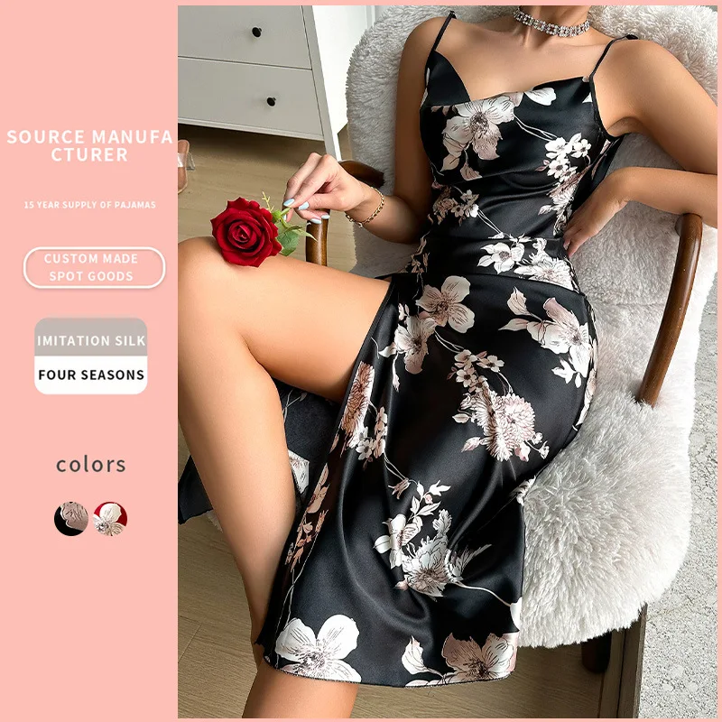 Vestido feminino fino e respirável de seda de gelo, pijama sexy estampado floral, costas abertas, camisola dividida, verão