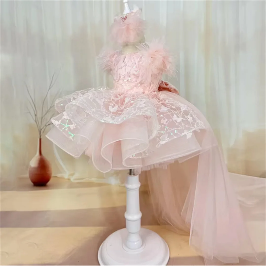 Customized  Shiny Flower Girl Dress Puffy Purple Layered Princess Photosession Dress For Wedding Infant 1st Birthday Ball Gown