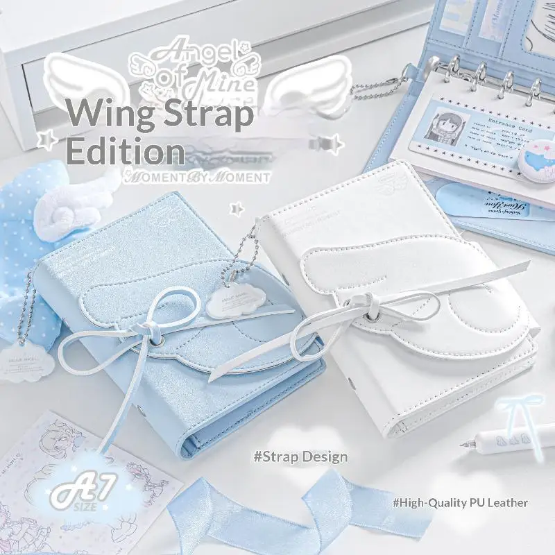 Kawaii Angel Wings Notebook  Leather 3 Fold Binder Journal Elastic Closure Loose Leaf Sketchbook Multi Pocket Storage Planner