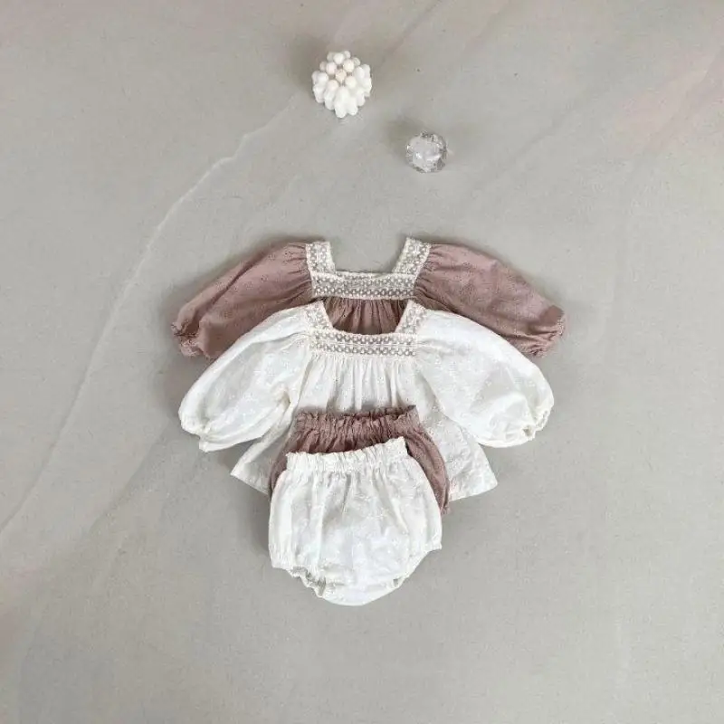 

2025 Autumn New Baby Girl Long Sleeve Clothes Set Infant Girl Lace Collar Shirts + Shorts 2pcs Suit Toddler Cotton Outfits