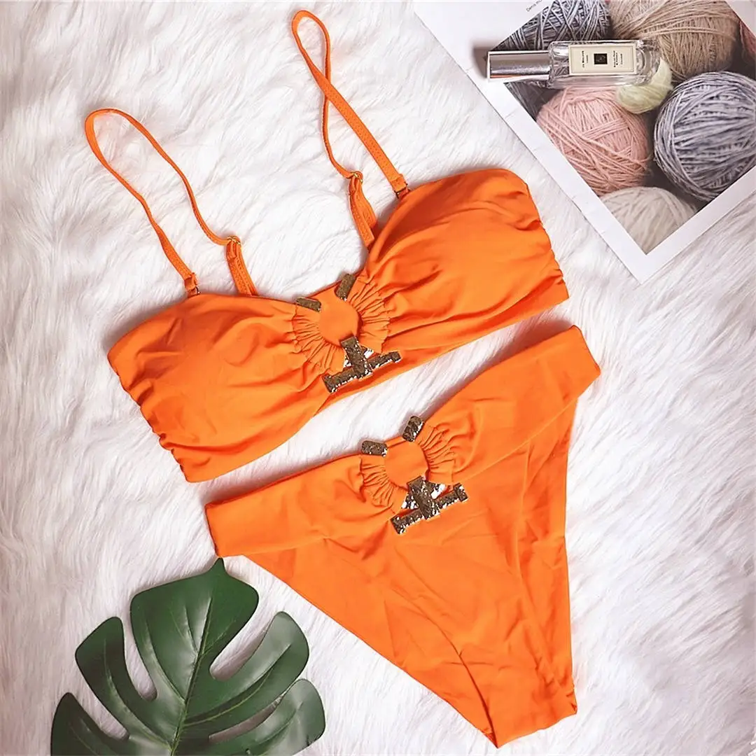 Sexy Metallring-Bikini, trägerloser Badeanzug für Damen, zweiteiliges Bikini-Set, Bandeau-Badeanzug, Badebekleidung, Modell V2855W. – Detail 36
