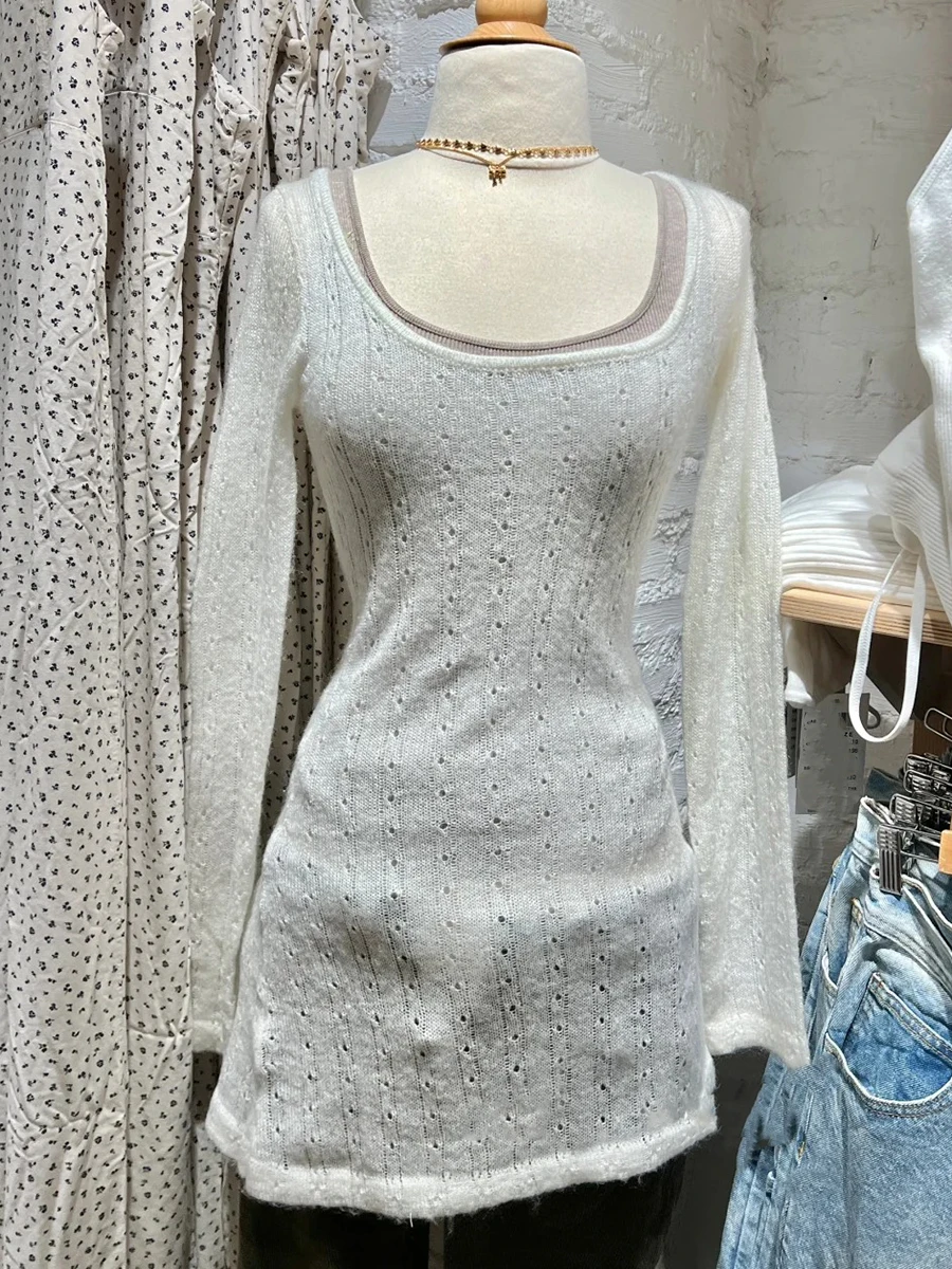 

White Hollow Out Long Sleeve Tees Women Spring New Casual Cotton Preppy Style Tops Clothes Sweet Simple Chic T-shirts