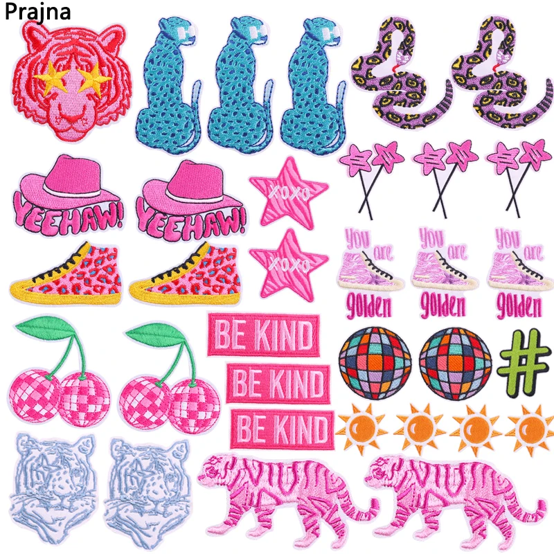 10PCS Hots Cartoon Pink Series Embroidered Patches DIY Leopard Snake Shoes Patch Iron On Patches For Clothing Backpack Sew Badge