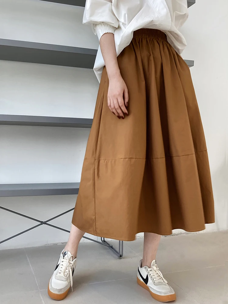 [LANMREM] A-line Elastic High Waist Skirts For Women Solid Mid-length Minimalism Loose Female Clothing 2024 Summer New 26D9008