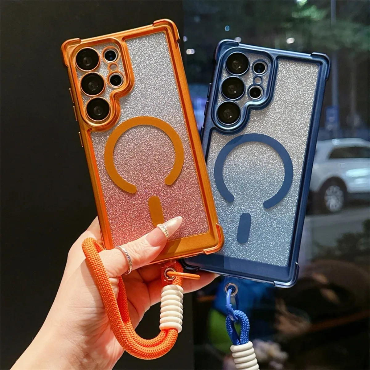 

For Magsafe Magnetic Luxury Electroplated Glitter Phone Case With Wrist Strap For Samsung Galaxy S26 Ultra S25 Plus + S24 FE S23