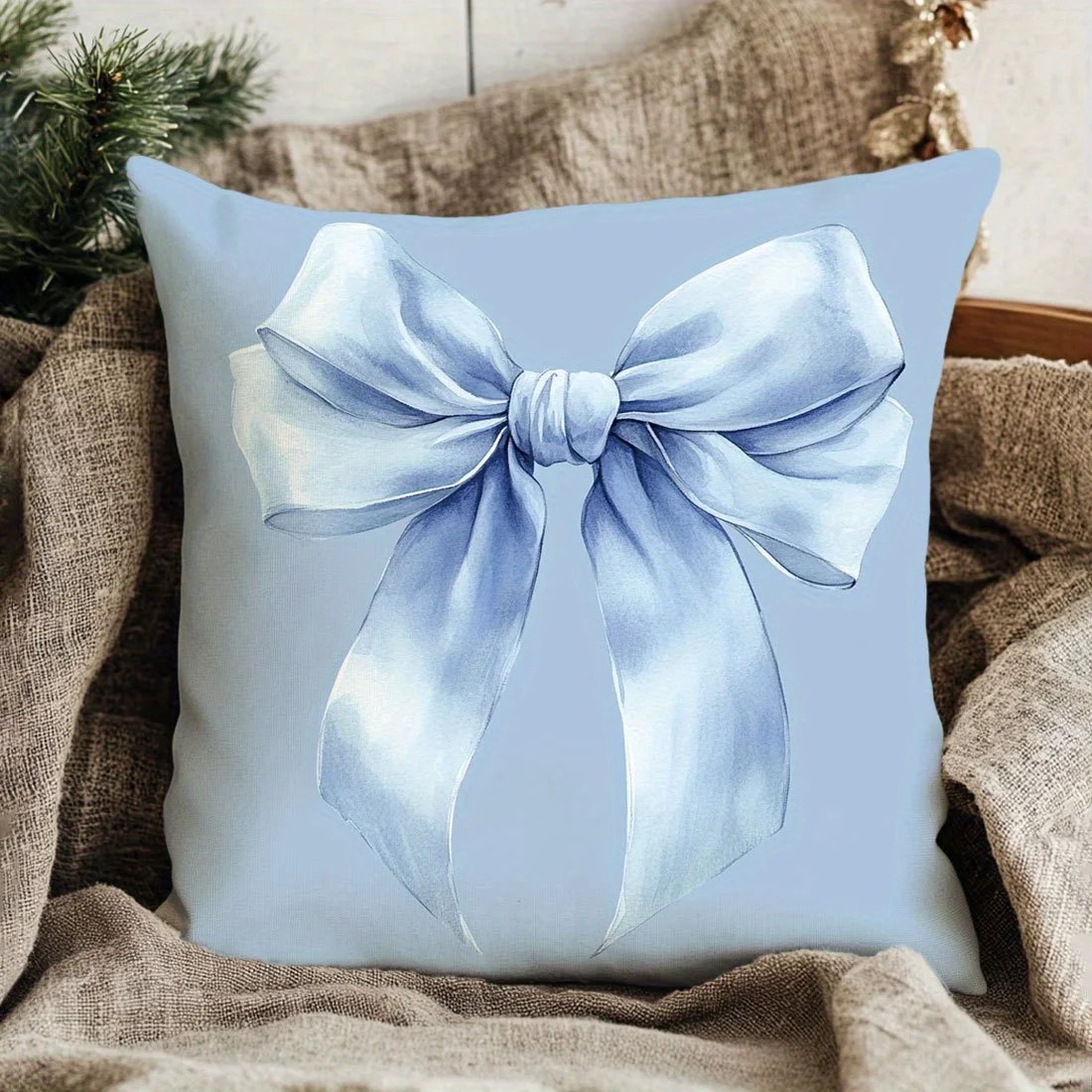 1pc Watercolor Blue Bow Print Throw Pillow Cover,Suitable for Sofa,Bedroom,Living Room,A Gentle Gift for Girls