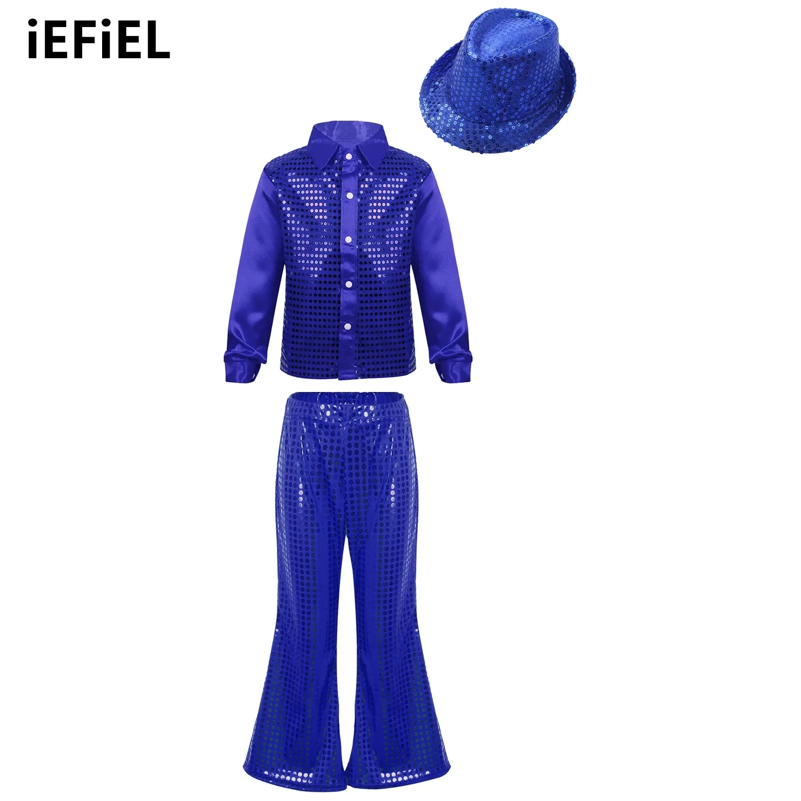 

Kids Boys Glittery Sequined Jazz Dance Outfit Spread Collar Shirt with Hat Elastic Waistband Flared Pants for Stage Performance