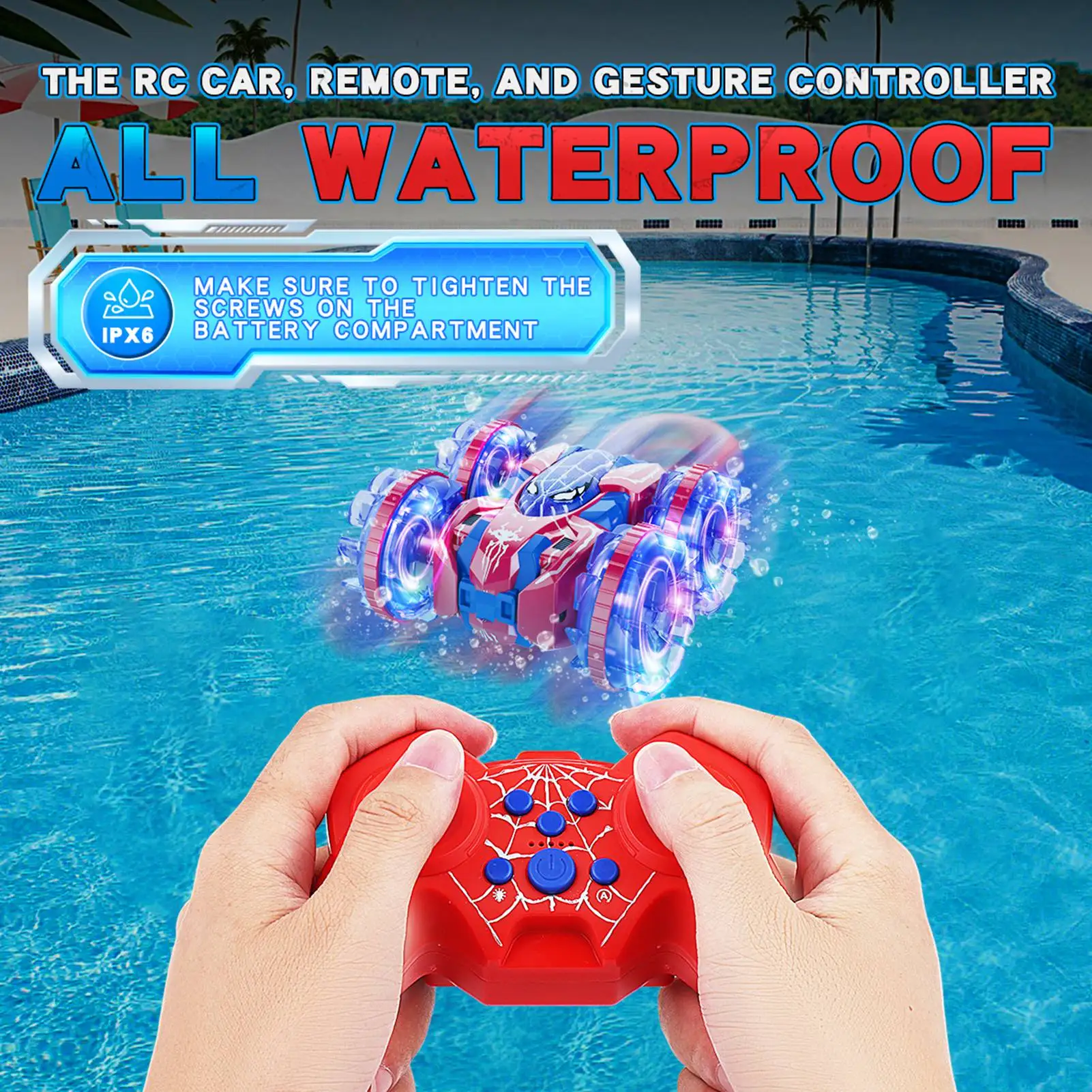 Gestenerkennungs-RC-Stunt-Auto, 360 Grad drehbar, amphibische Handgeste, ferngesteuertes Auto mit Lichtern für Kinder und Jungen, Rot