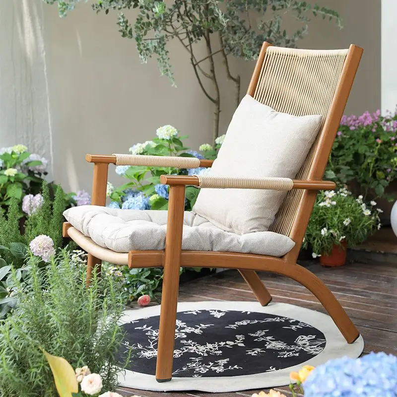 #Outdoor recliner balcony courtyard home leisure chair lazy backrest rattan chair new installation-free integrated table