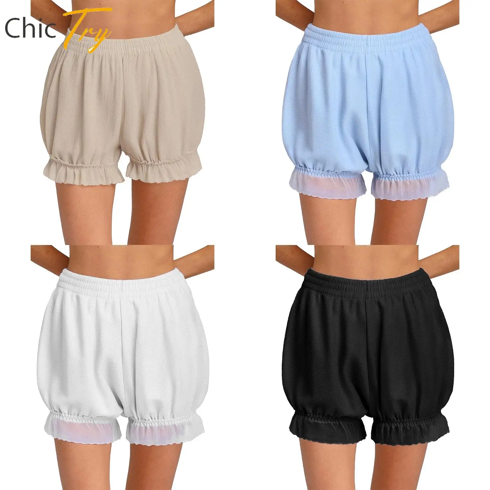

Solid Color Pumpkin Shorts for Women JK Skirts Lolita Costume Elastic Waist Ruffled Lace Trim Bloomers Security Shorts Dancewear