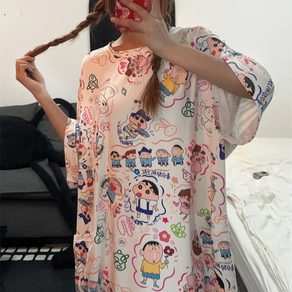 

Crayon Shin-chan Night Dress Cute Originality Full Printing Pattern Household Clothes Summer Medium Long Style Plus Size Pajamas