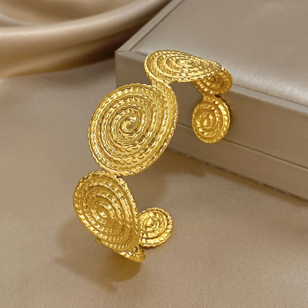 Irregular Textured Spiral Stainless Steel Cuff Bangles Bracelets Exaggerated Gold Plated Wide Bracelet Waterproof Jewelry Gifts
