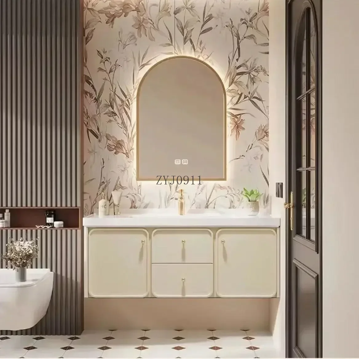 * Armários de banheiro europeus com espelhos inteligentes, lavatório integrado de cerâmica, armário de banheiro com pia, móveis de banheiro