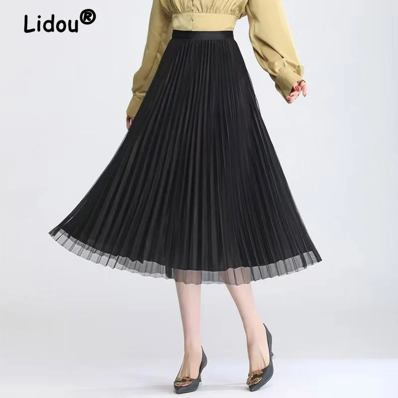 New Fashion Solid Color Thin Sagging Sensation Pleated Skirt Women Two Layers Gauze Mesh High Classic Temperament Lady Skirt