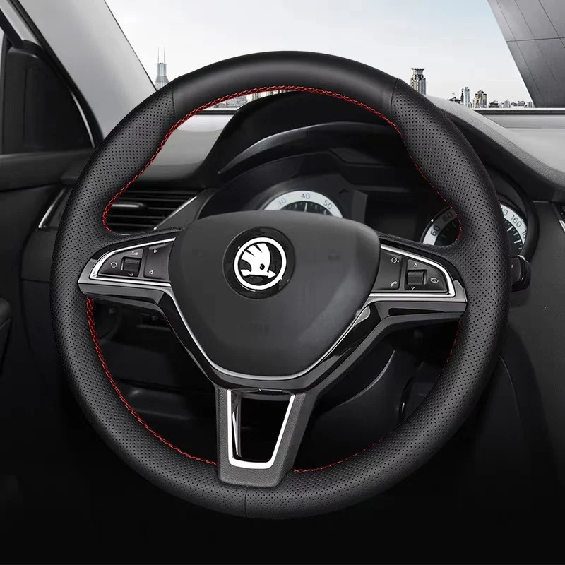 For Skoda Rapid Spaceback 2016 Octavia 2017 Fabia 2016 2017 Hand Sewing black leather Car Steering Wheel Cover Wrap  Accessories