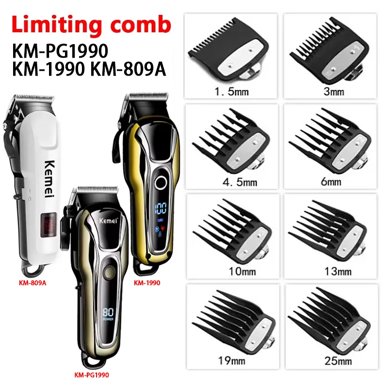 8Pcs Professional Limit Comb Cutting Guide Combs 1.5/3/4.5/6/10/13/19/25MM Set For Kemei KM-1990 KM-PG1990 KM-809A Hair Clipper