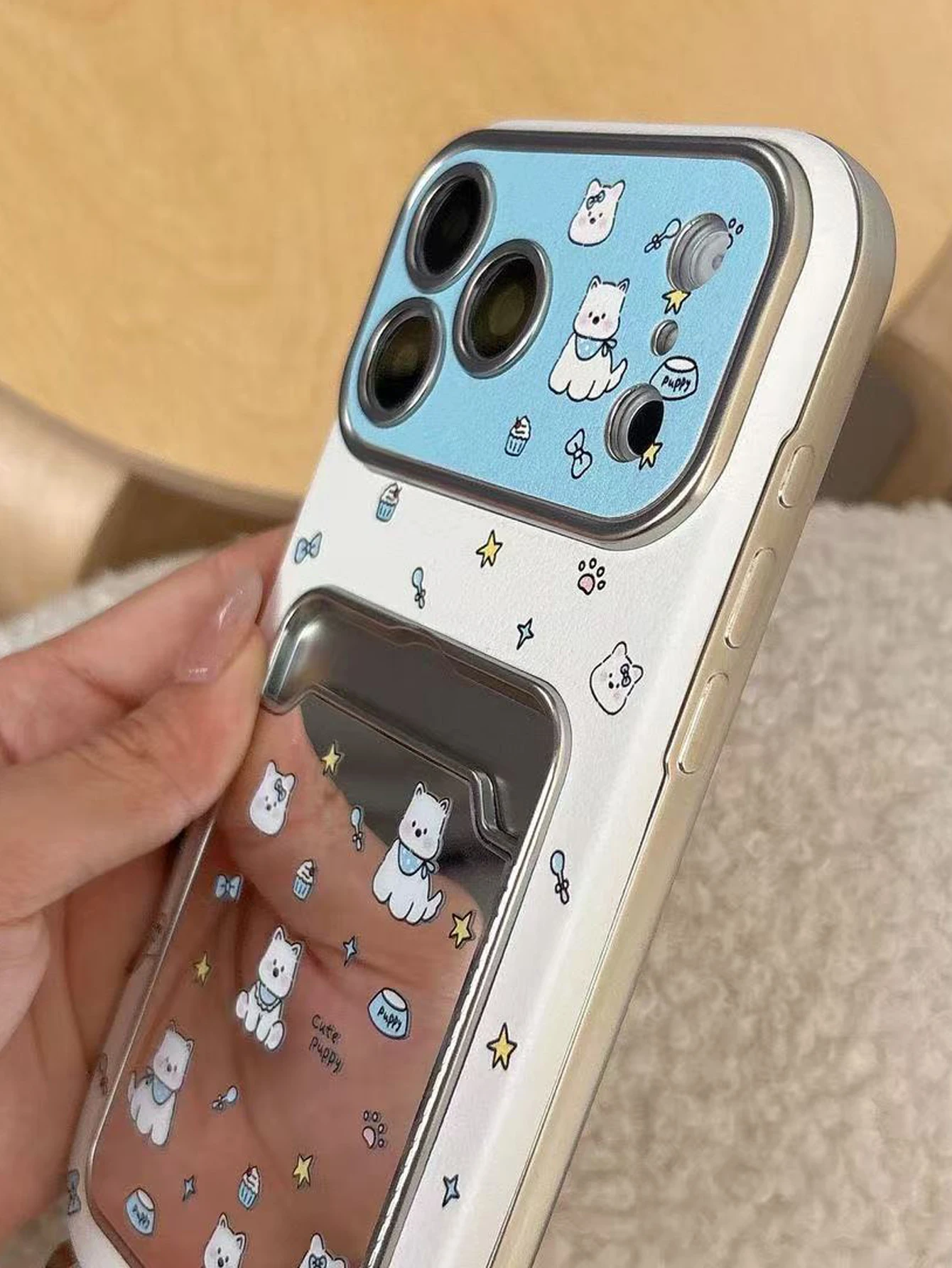 Cute Puppy Mirror Card Holder Phone Case With Wrist Strap For iPhone 16 15 14 13 12 11 Pro Max Kawaii Protective Cover view 2